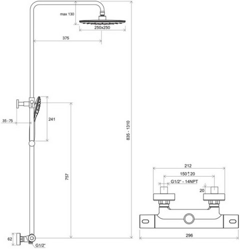 Душевая стойка Ravak с термостатическим смесителем Termo 300 TE 093.00/150, X070099-1