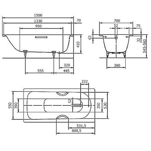 Стальная ванна Kaldewei Advantage Saniform Plus 150x70, 111600010001-2
