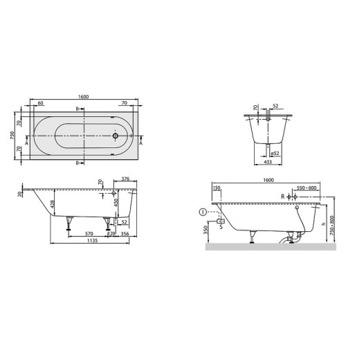 Квариловая ванна Villeroy&Boch Oberon 160x75, с ножками, без отв. перелива, белая, UBQ160OBE2V-01-5