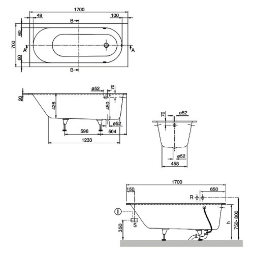 Квариловая ванна Villeroy&Boch Oberon 170x70, с ножками, без отв. перелива, белая, UBQ177OBE2V-01-5