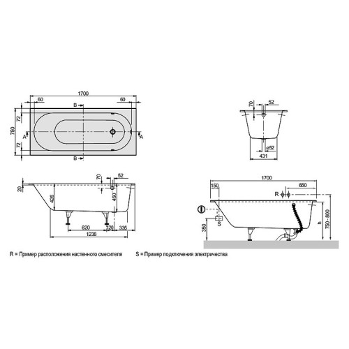 Квариловая ванна Villeroy&Boch Oberon 170x75, с ножками, без отв. перелива, белая, UBQ170OBE2V-01-5