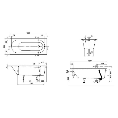 Квариловая ванна Villeroy&Boch Oberon 180x80, с ножками, без отв. перелива, белая, UBQ180OBE2V-01-5