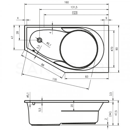 Акриловая ванна Riho Yukon 160х90 Left B009001005-4