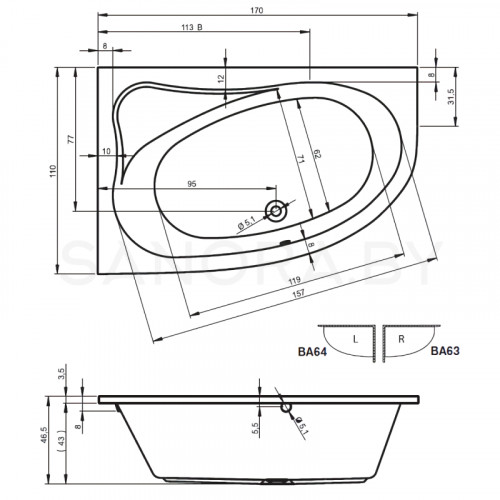 Акриловая ванна Riho Lyra 170x110 (правая)-2