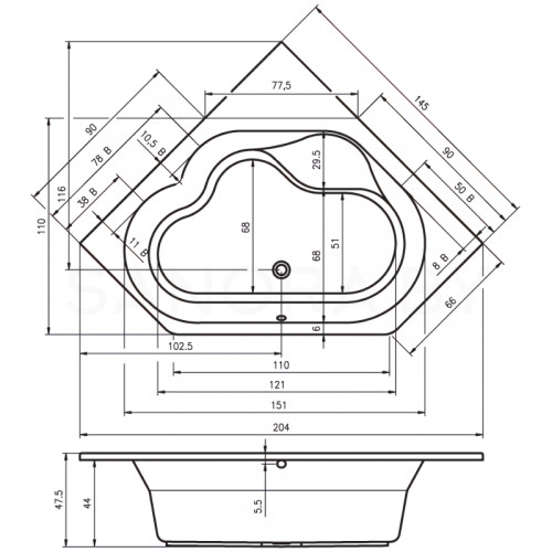 Акриловая ванна Riho Winnipeg 145x145 B010001005-3
